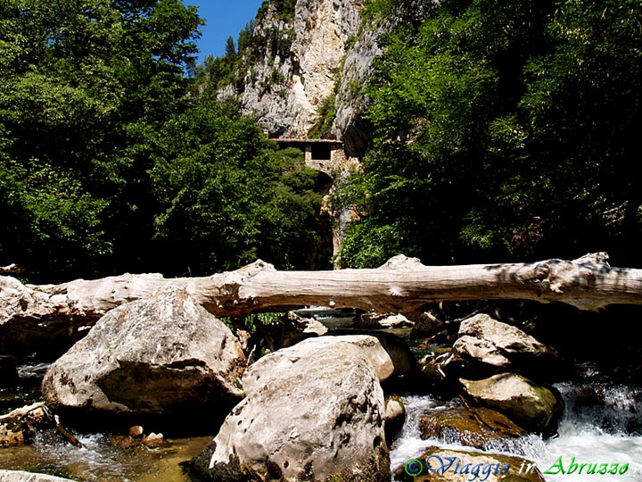 22-P5206371+.jpg - 22-P5206371+.jpg - Un grosso tronco albero trasportato dalle impetuose acque del fiume Aterno. Sullo sfondo l'eremo di S. Venanzio, sotto il quale scorre il fiume.